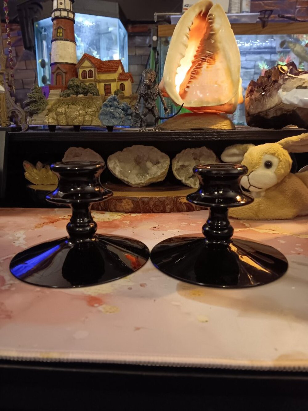 Vintage Black Amethyst Candleholders Set of 2 LQQK-ZEE!! GORGEOUS MINT!